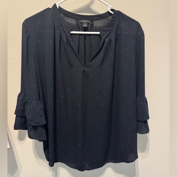 Ann Taylor Sheer Navy Blouse with Ruffled Sleeves Large Petite - Picture 1 of 4